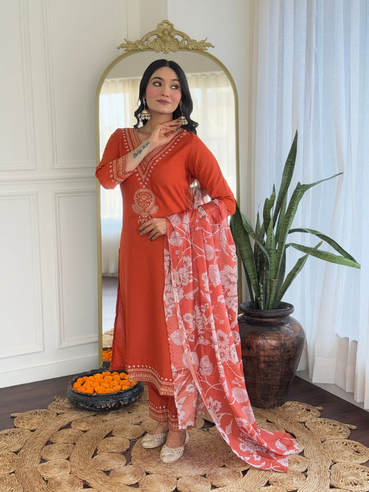 Beautiful Orange Color Viscose Rayon Fabric Kurtis Pant Set