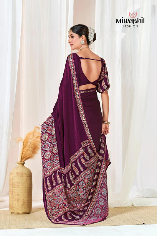 Wine Ajrakh Printed Modal Silk Plain Saree With Ajrakh Blouse P6