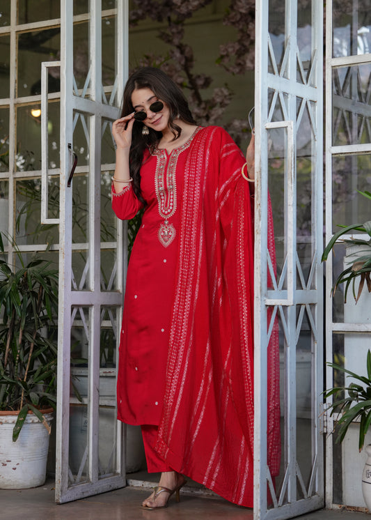 Beautiful Red Viscose Chanderi Fabric Kurtis Pant Set