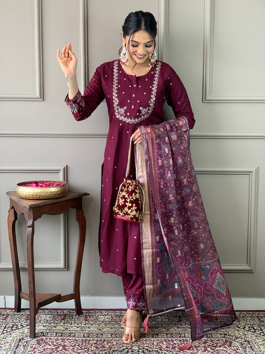 Beautiful Wine Viscose Chanderi Fabric Kurtis Pant Set