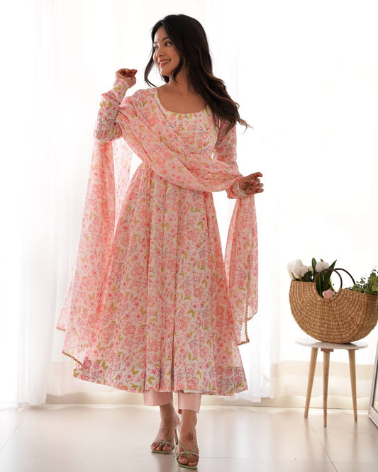 Baby Pink Pure Orange Chiffon Floral Print Fabric Fully Flair Anarkali Salwar Suit