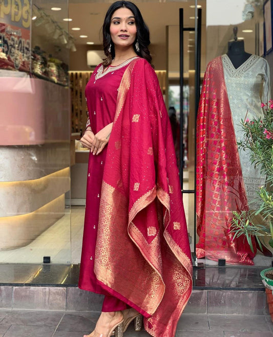 Red Color Embroidered Work Kurti Set