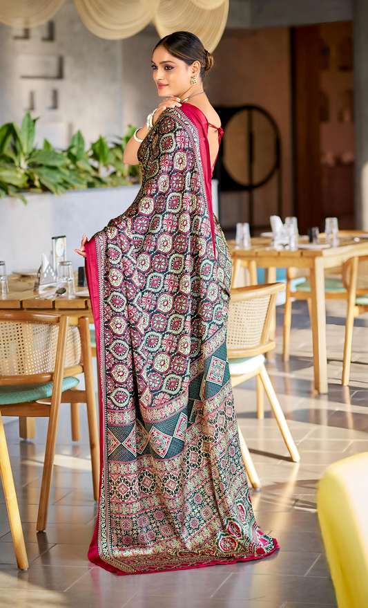 Majestic Black and Maroon Ajrakh Printed Soft Modal Silk Natural Print Saree P2