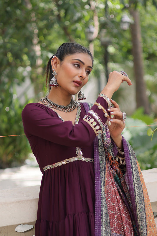 Awesome Wine Rayon Traditional Gown With Digital Printed Dupatta