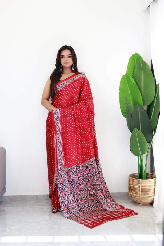 Maroon Bandhani With Ajrakh Printed Soft Modal Silk Natural Print Saree P3