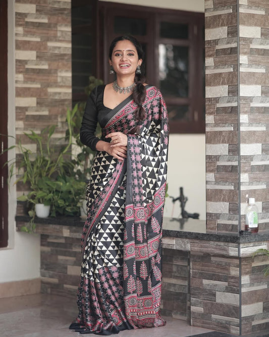 Maroon Black Ajrakh Primum Modal Silk Saree With Blouse